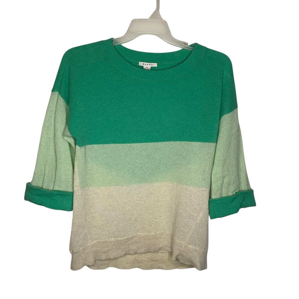 Duffy Womens 100% Cashmere Colorblock Sweater Green Cream 3/4 Sleeve Medium